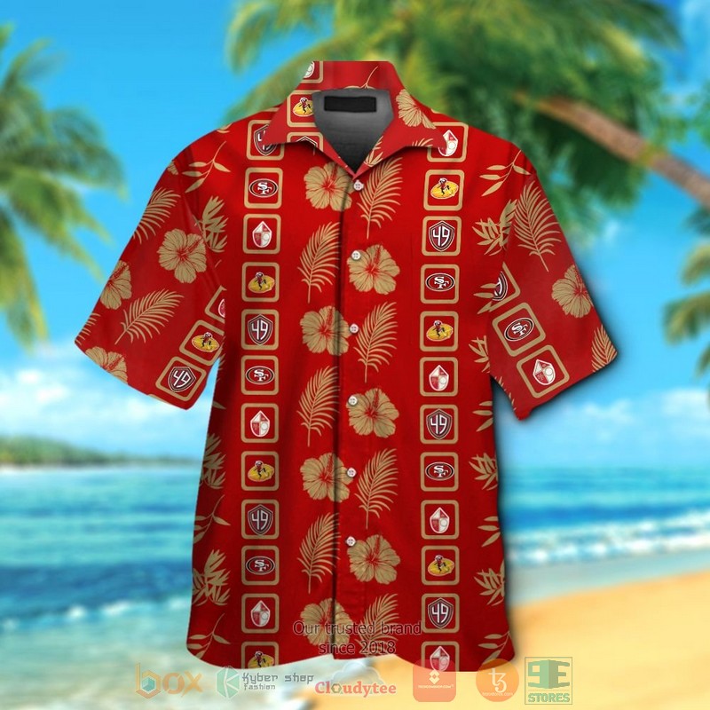 San Francisco 49Ers Logo Gold Hibiscus Red Hawaiian Shirt And Shorts - Hot Sale 2025