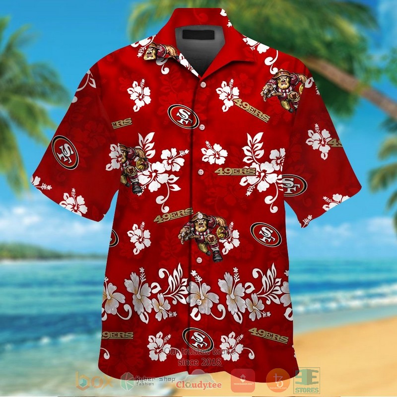 San Francisco 49Ers Logo White Hibiscus Red Hawaiian Shirt And Shorts - Hot Sale 2025