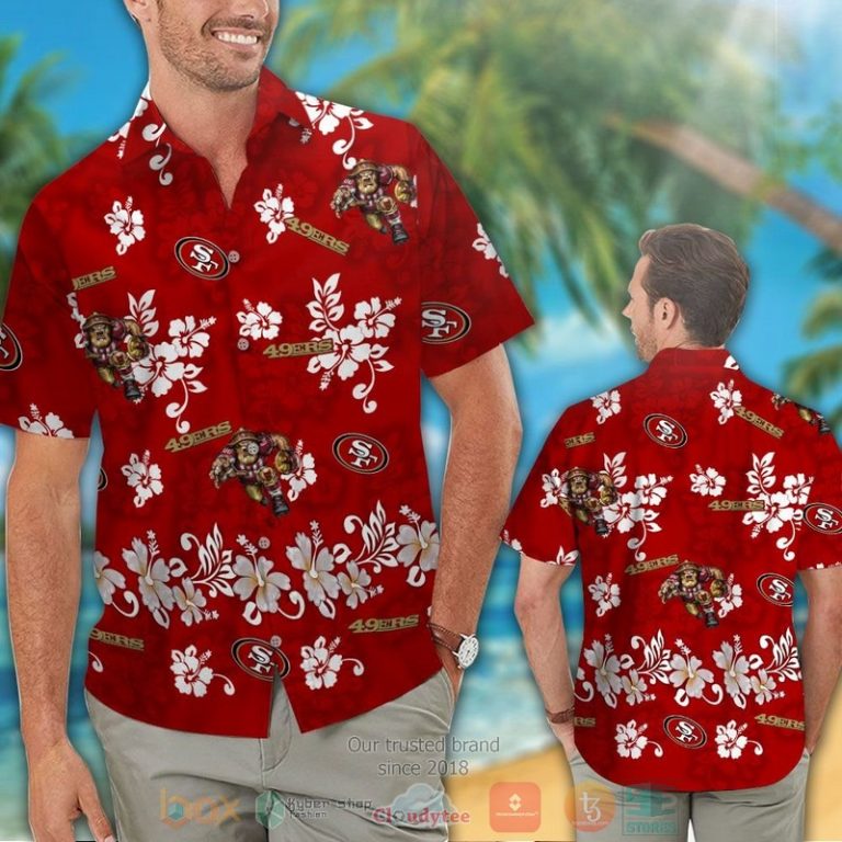 San Francisco 49Ers Logo White Hibiscus Red Hawaiian Shirt And Shorts - Hot Sale 2025