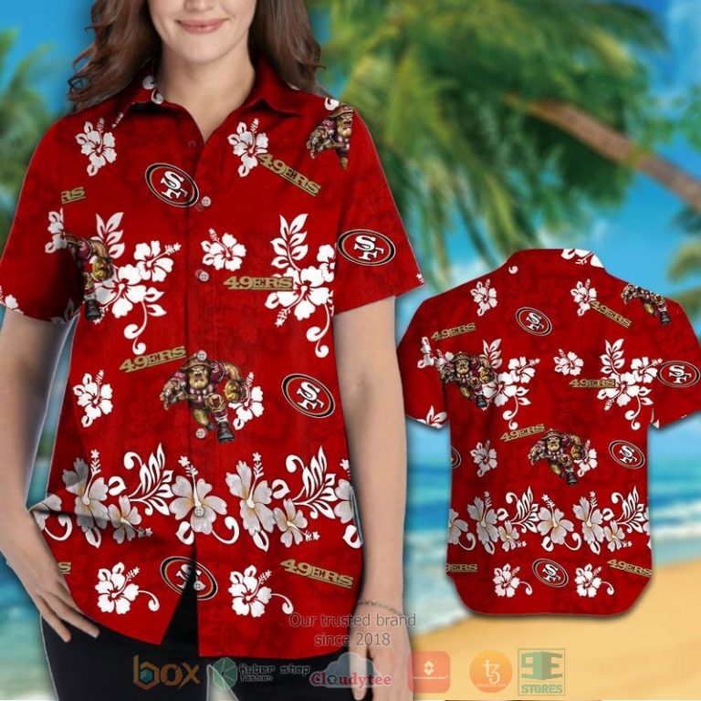 San Francisco 49Ers Logo White Hibiscus Red Hawaiian Shirt And Shorts - Hot Sale 2025