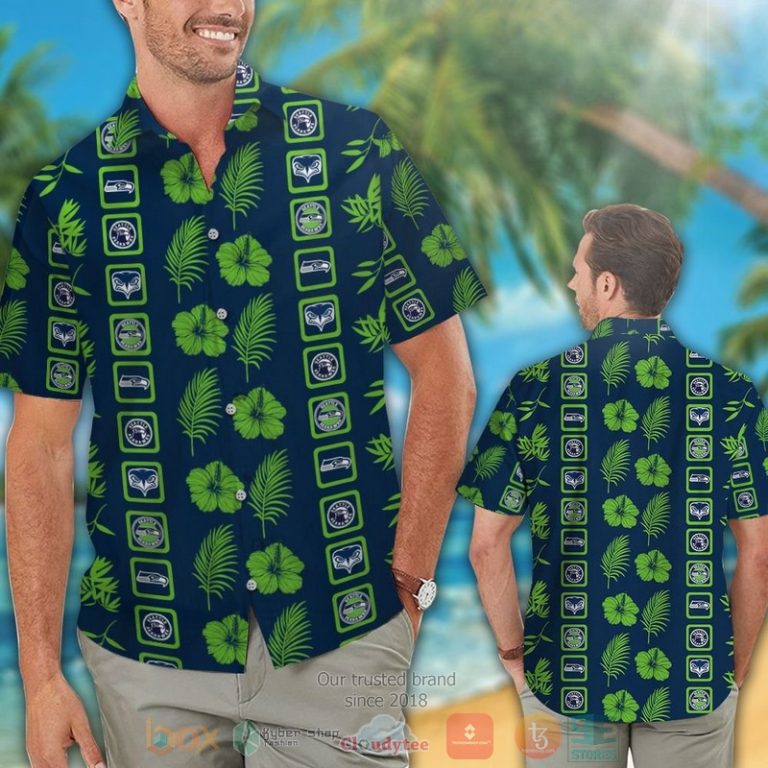 Seattle Seahawks Logo Action Green Hibiscus Navy Hawaiian Shirt And Shorts - Hot Sale 2025