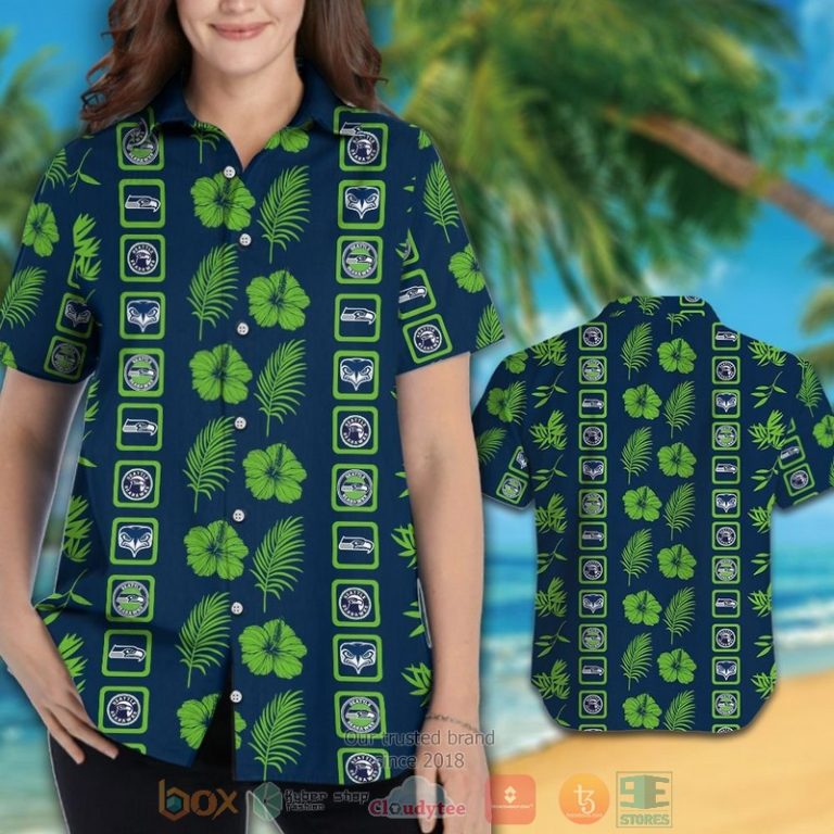 Seattle Seahawks Logo Action Green Hibiscus Navy Hawaiian Shirt And Shorts - Hot Sale 2025