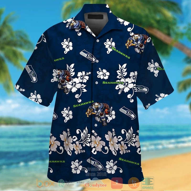 Seattle Seahawks Logo White Hibiscus Navy Hawaiian Shirt And Shorts - Hot Sale 2025