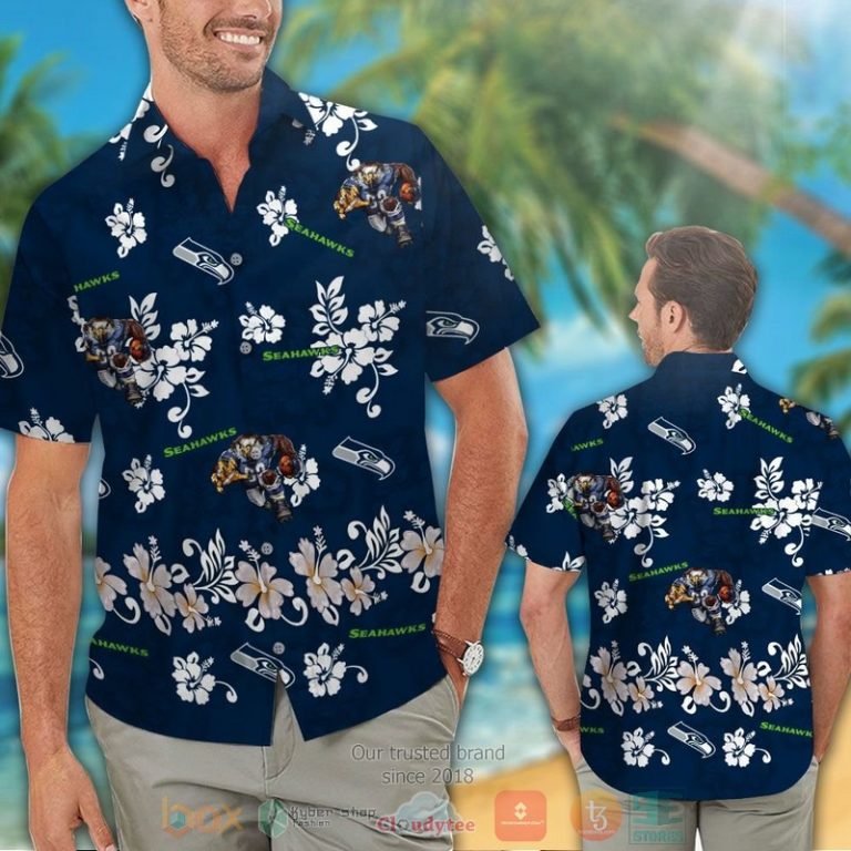 Seattle Seahawks Logo White Hibiscus Navy Hawaiian Shirt And Shorts - Hot Sale 2025