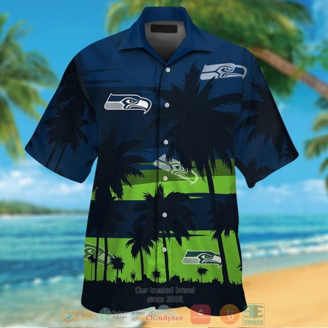 Seattle Seahawks Palm Tree Dark Navy Hawaiian Shirt And Shorts - Hot Sale 2025