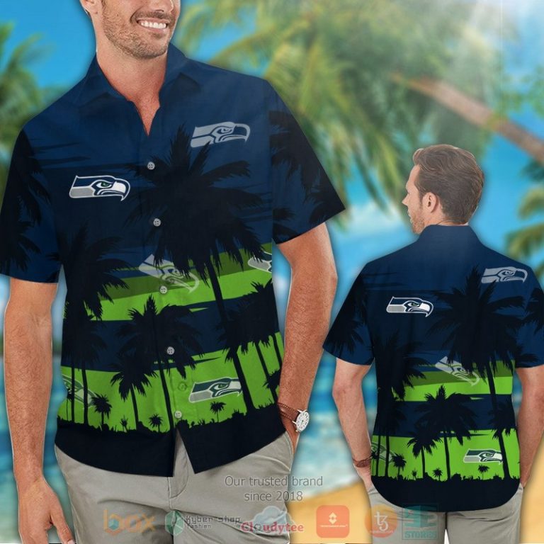 Seattle Seahawks Palm Tree Dark Navy Hawaiian Shirt And Shorts - Hot Sale 2025 Seattle Seahawks Palm Tree Dark Navy Hawaiian Shirt And Shorts - Hot Sale 2025