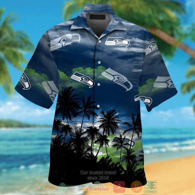 Seattle Seahawks Palm Tree Navy Black Hawaiian Shirt And Shorts - Hot Sale 2025