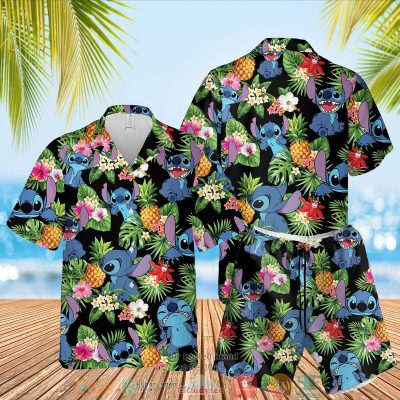 Stitch Pineapple Black Hawaiian Shirt, Shorts - Hot Sale 2025