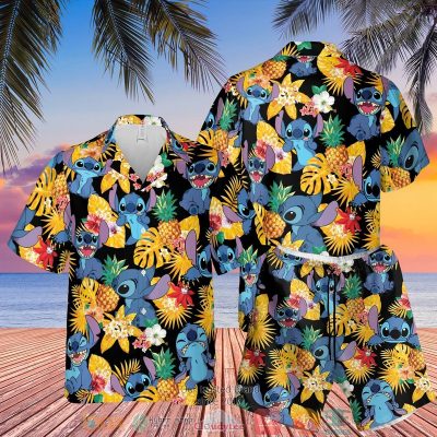 Stitch Pineapple Black Yellow Hawaiian Shirt, Shorts - Hot Sale 2025