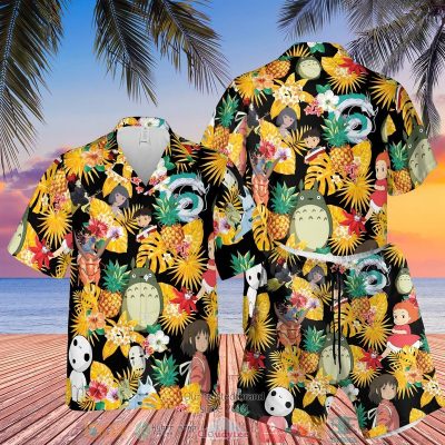 Studio Ghibli Characters Pineapple Black Yellow Hawaiian Shirt, Shorts - Hot Sale 2025
