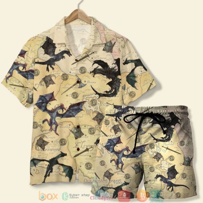 T.E.S. Game Skyrim The Game With Dragons And Old Tamriel Map Pattern Hawaiian Shirt, Shorts - Hot Sale 2025