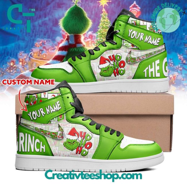 The Grinch Ho Ho Ho Christmas Custom Name Air Jordan 1 Sneaker - soulcals.com