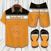 Timberland Logo Print Orange Hawaiian Shirt Shorts and Flip Flops Combo