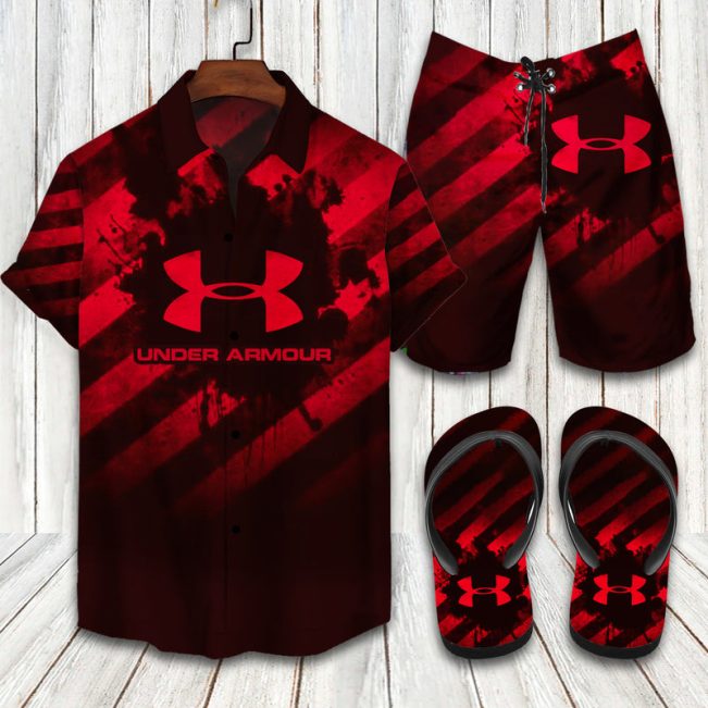 Under Armour Red Hawaiian Shirt Shorts and Flip Flops Combo