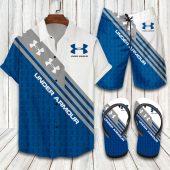 Under Armour White Blue Combo Hawaiian Shirt Shorts and Flip Flops