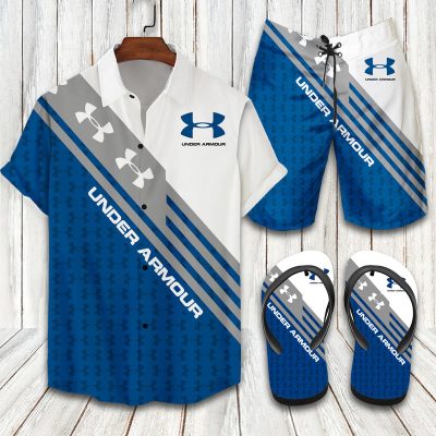 Under Armour White Blue Combo Hawaiian Shirt Shorts and Flip Flops