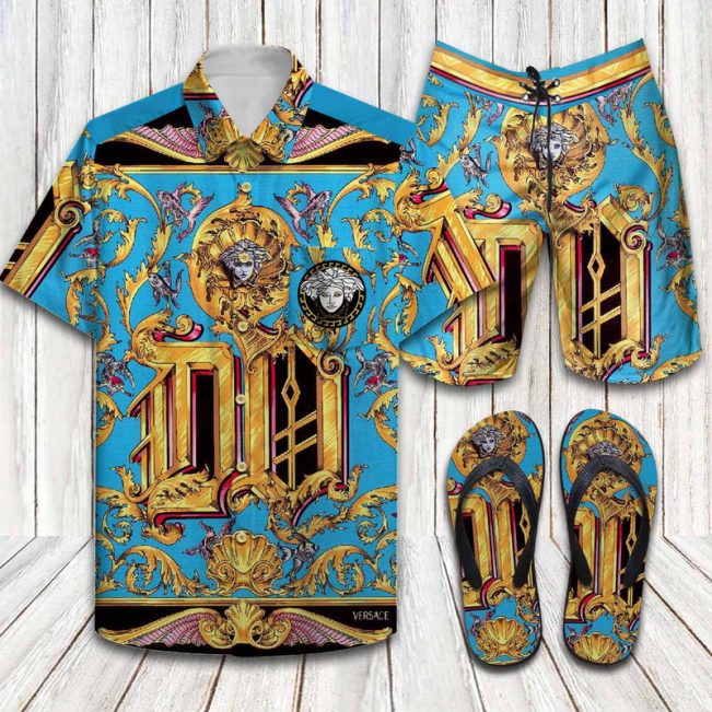 Versace Barocco Acanthus Hawaiian Shirt Shorts and Flip Flops Combo