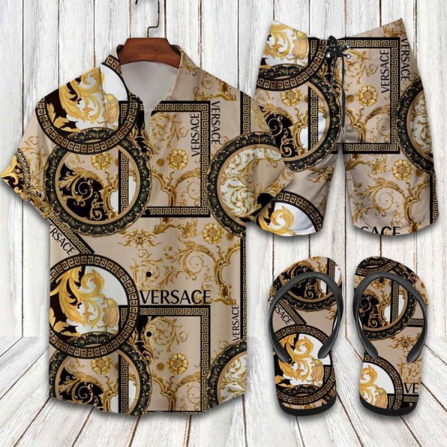 Versace Brand Luxury 2022 Hawaiian Shirt Beach Shorts and Flip Flops Combo