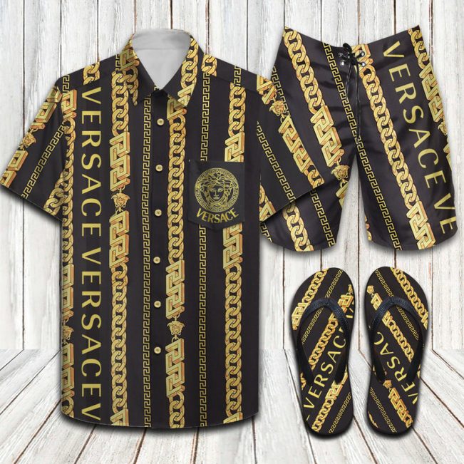 Versace Chain Pinstripe Hawaiian Shirt Shorts and Flip Flops Combo