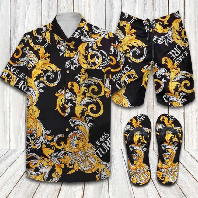 Versace Jeans Couture Brand Luxury Brand Hawaiian Shirt Shorts and Flip Flops Combo