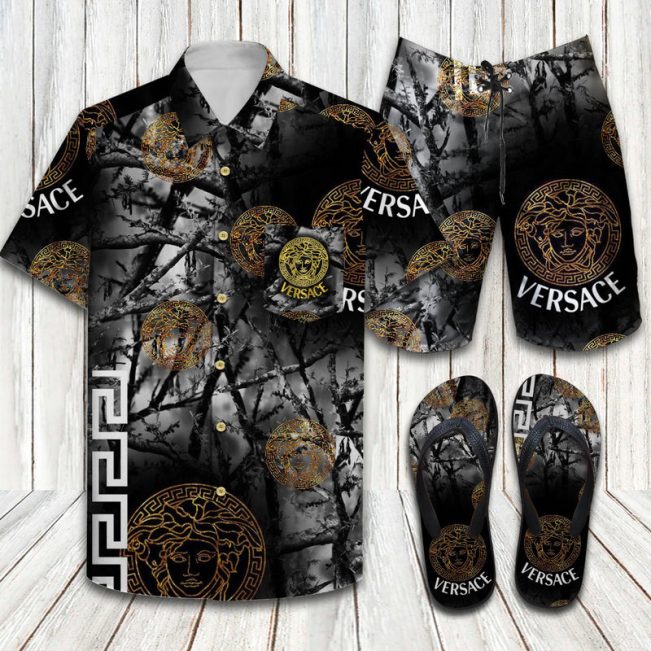 Versace Jungle Black Limited Hawaiian Shirt Shorts and Flip Flops