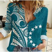 Polynesian Women's Long Sleeve Shirt Slub Linen Polynesian design Honu, Wave, Sun, Spear, Fern Symbols Polynesian shirts NCY173