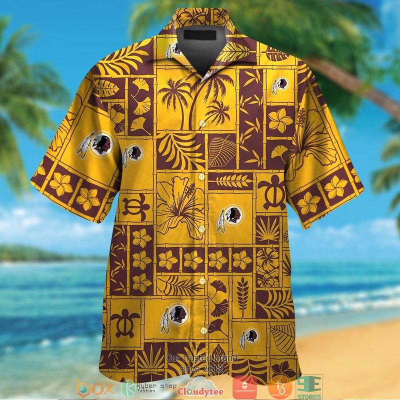 Washington Redskins Hibiscus Leaf Ocean Square Pattern Hawaiian Shirt, Short - Hot Sale 2025
