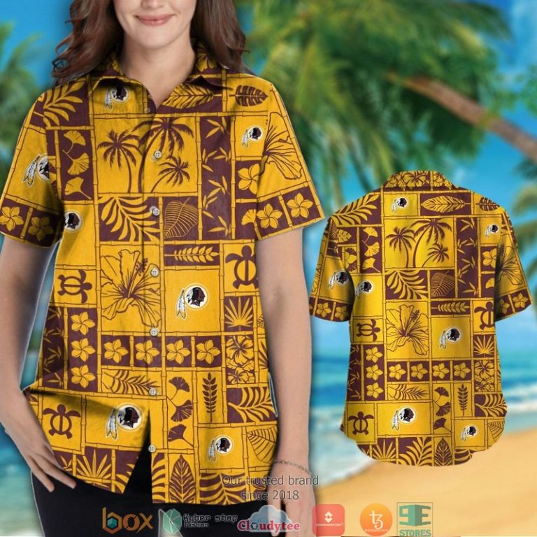 Washington Redskins Hibiscus Leaf Ocean Square Pattern Hawaiian Shirt, Short - Hot Sale 2025