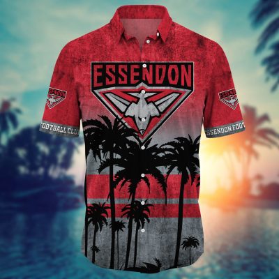 AFL Essendon Bombers Red Gray Palm Trees Hawaiian Shirt