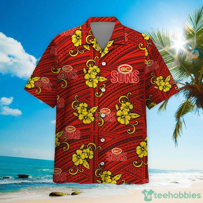 AFL Gold Coast Suns Custom Name Number Red Flowers Hawaiian Shirt