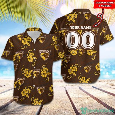 AFL Hawthorn Hawks Custom Name Number Tropical Flowers Hawaiian Shirt