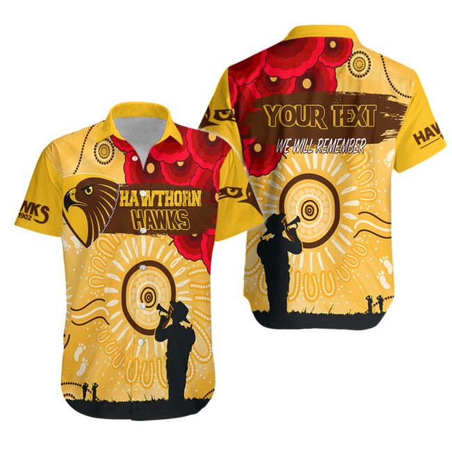 AFL Hawthorn Hawks Custom Text Indigenous ANZAC Day Hawaiian Shirt