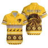 AFL Hawthorn Hawks Custom Text Indigenous Gold Hawaiian Shirt
