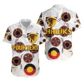 AFL Hawthorn Hawks Custom Text Indigenous White Hawaiian Shirt