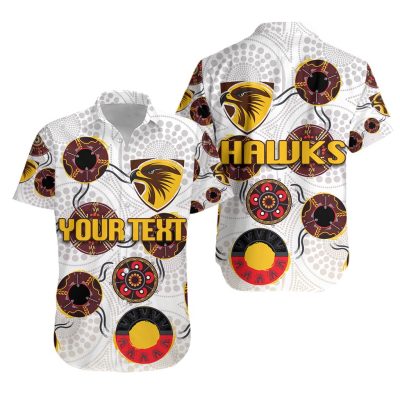 AFL Hawthorn Hawks Custom Text Indigenous White Hawaiian Shirt
