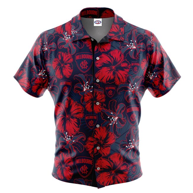AFL Melbourne Demons Navy Blue Hibiscus Hawaiian Shirt