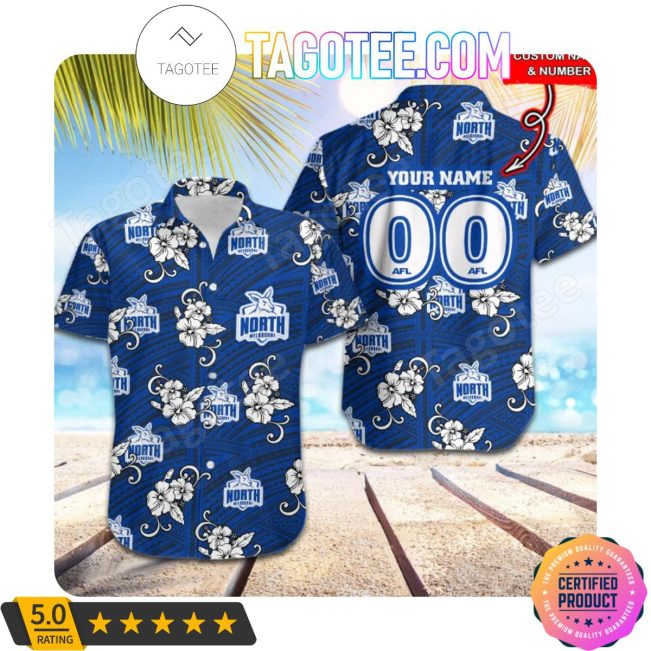 AFL North Melbourne Kangaroos Custom Name Number Tropical Flowers Hawaiian Shirt