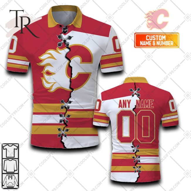Customized NHL Calgary Flames Mix Jersey Style Polo Shirt - Soulcals.com
