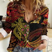 Polynesian Women's Long Sleeve Shirt  Polynesian design Honu, Wave, Sun, Spear, Fern Symbols Polynesian shirts NCY084