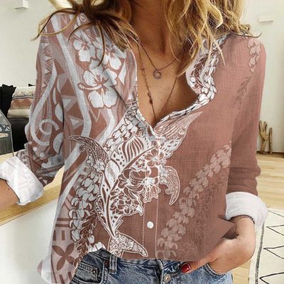Polynesian Women's Long Sleeve Shirt  Polynesian design Honu, Wave, Sun, Spear, Fern Symbols Polynesian shirts NCY193