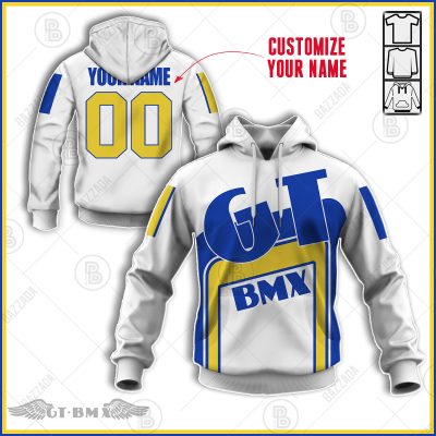 GT TEAM WHITE LINE BLUE YELLOW OLD SCHOOL BIKE JERSEY CLASSIC BMX JERSEY RACE BIKE SHIRT VINTAGE- Personalize name and number