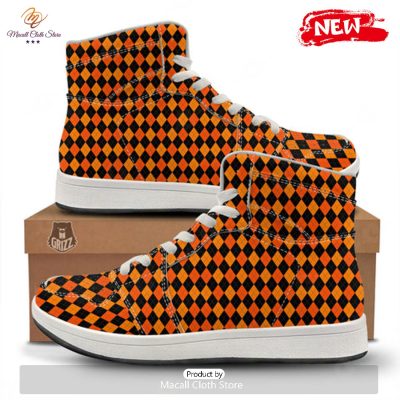 HOT Black Halloween And Orange Argyle Print High Top Sneakers - soulcals