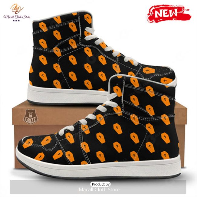 HOT Coffin Orange Halloween Print Pattern High Top Sneakers - soulcals