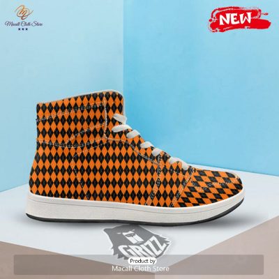 HOT Halloween Argyle Black And Orange Print High Top Sneakers - soulcals