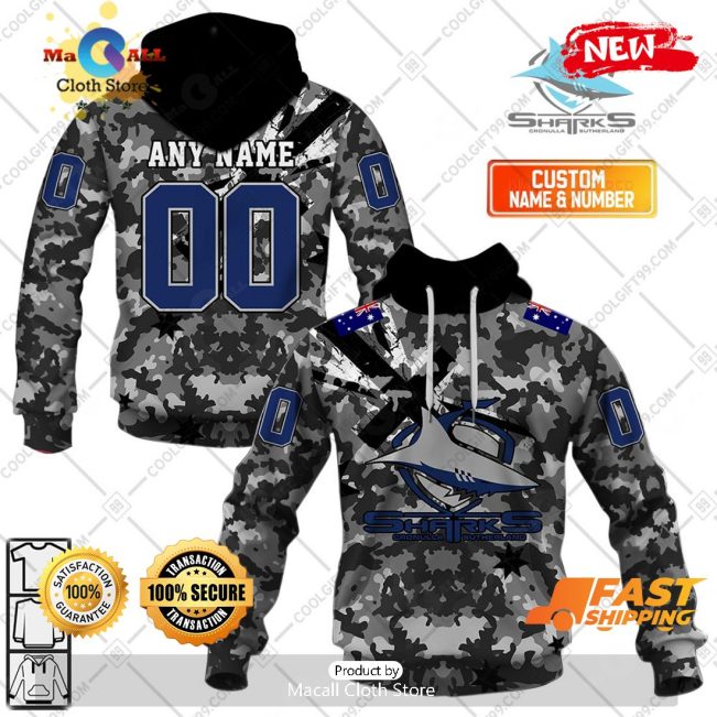HOT Personalized NRL Cronulla Sutherland Sharks Special Camo Military Flag Hoodie Sweatshirt 3D -soulcals