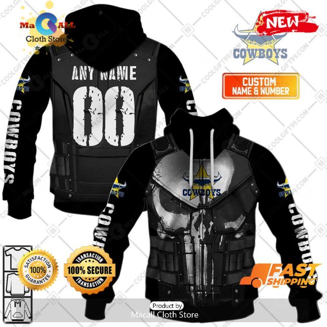HOT Personalized NRL North Queensland Cowboys Punisher Hoodie Sweatshirt 3D -soulcals