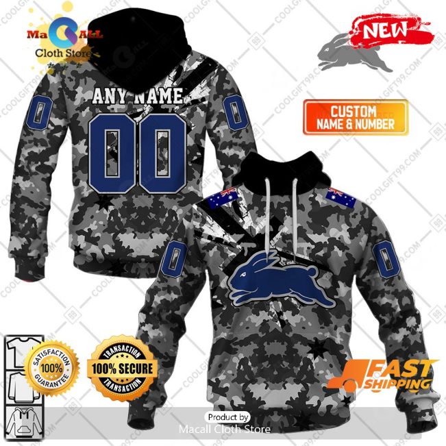 HOT Personalized NRL South Sydney Rabbitohs Special Camo Military Flag Hoodie Sweatshirt 3D -soulcals