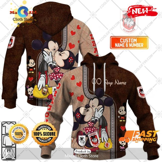 HOT Personalized NRL St. George Illawarra Dragons Mickey and Minnie Design Hoodie Sweatshirt 3D -soulcals