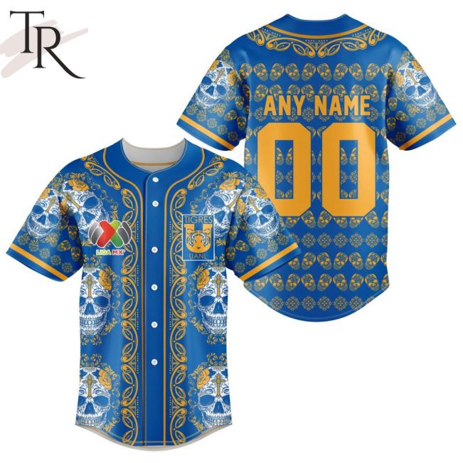 LIGA MX Tigres UANL Special Dia De Muertos Design Baseball Jersey - soulcals.com