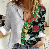 Polynesian Women's Long Sleeve Shirt Slub Linen Polynesian design Honu, Wave, Sun, Spear, Fern Symbols Polynesian shirts NCY029